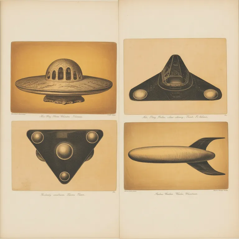 Audubon-style specimen plate of canonical UAP silhouettes: saucer, triangle, Tic Tac, boomerang