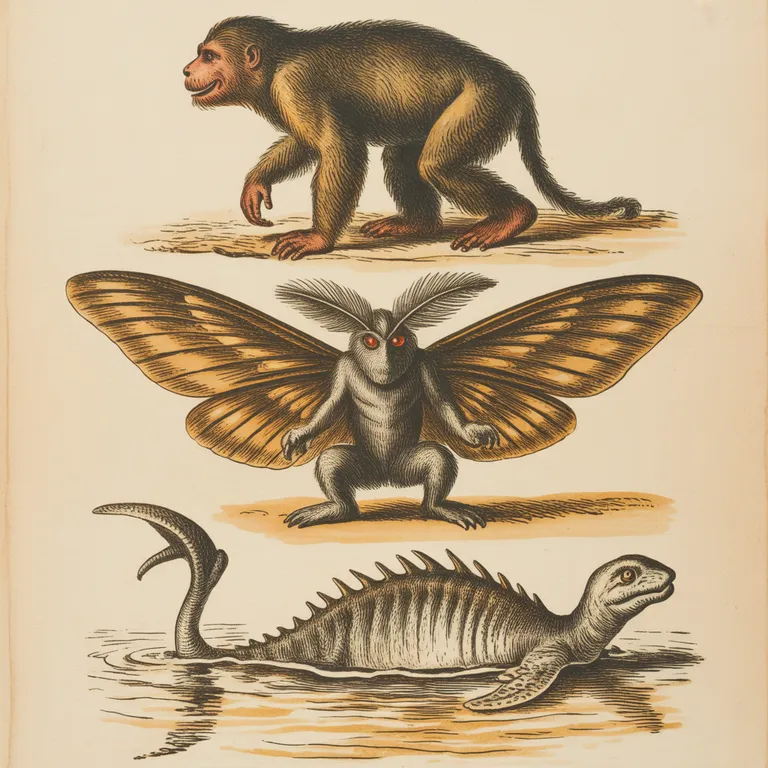 Field guide plate: Bigfoot, Mothman, and the Loch Ness creature at uniform scale, Audubon style